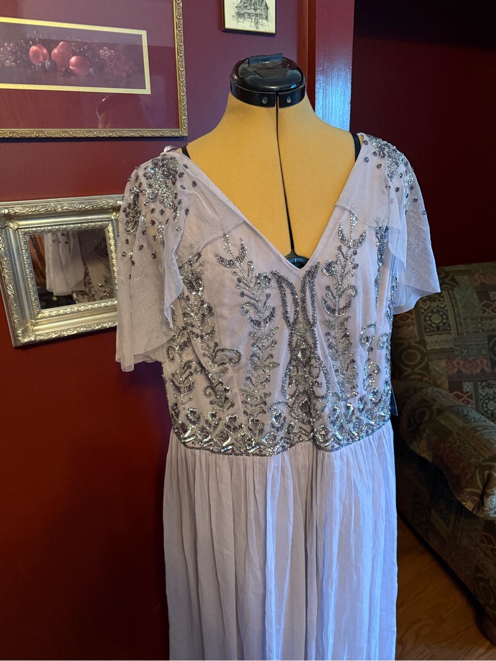 Embellished Beaded V-Neck Lavender Lilac Grey Evening Gown Mother of the Bride